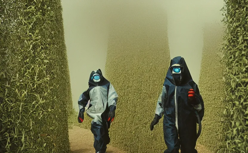 Image similar to cinestill 5 0 d photographic portrait by helen levitt of evil hazmat scientists walking through a brutalist hedge maze, extreme closeup, cinematic, modern cyberpunk, dust storm, 8 k, hd, high resolution, 3 5 mm, f / 3 2