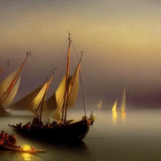 Image similar to a painting of a two large modern boats catching fish, a detailed painting by ivan aivazovsky, pixabay contest winner, hudson river school, dutch golden age, detailed painting, matte painting