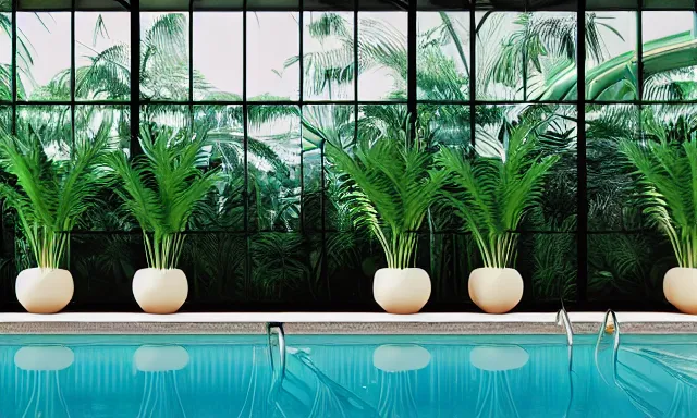 Image similar to 3d render of indoor pool with ferns and palm trees, pool tubes, chromatic abberation, depth of field, 80s photo