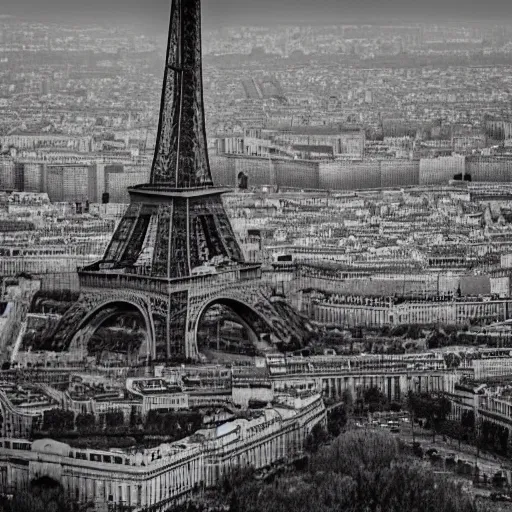 Image similar to the eiffel tower after the zombie apocalypse, dead zombies, black and white, 8k, high resolution, hyperrealistic