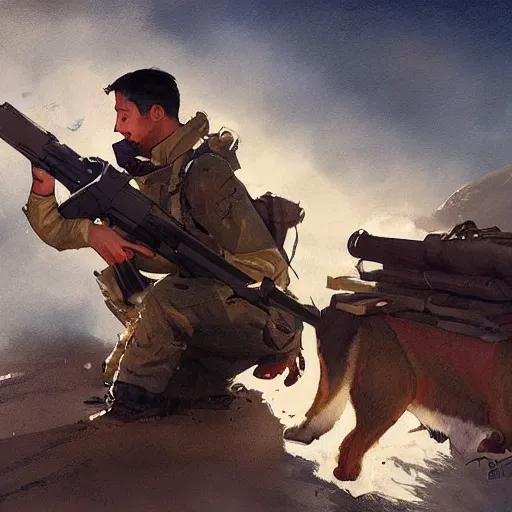 Image similar to a corgi shooting an ak 4 7 geog darrow greg rutkowski