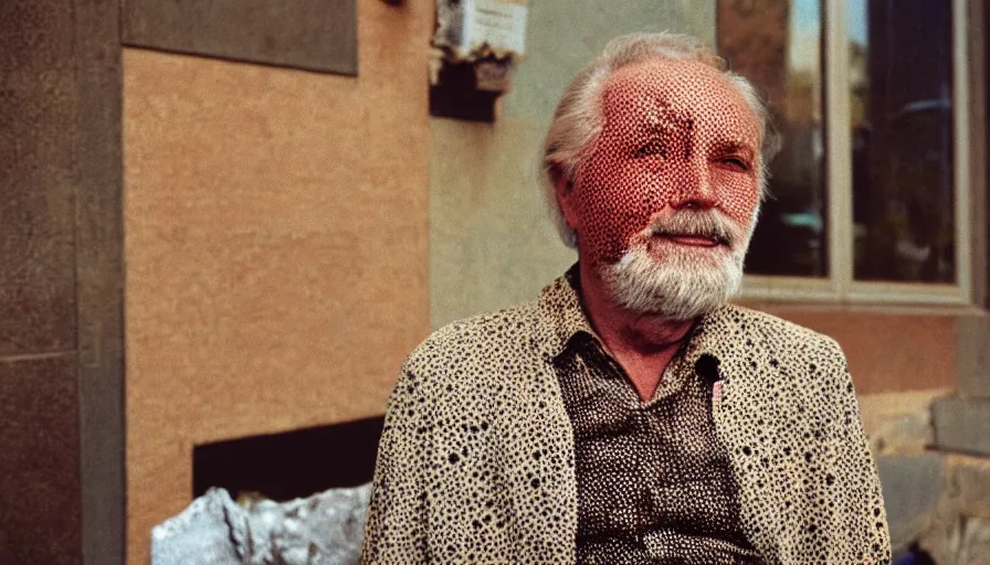 Image similar to 7 0 s movie still of a old man with trypophobia skin, cinestill 8 0 0 t 3 5 mm eastmancolor, heavy grain, high quality, high detail