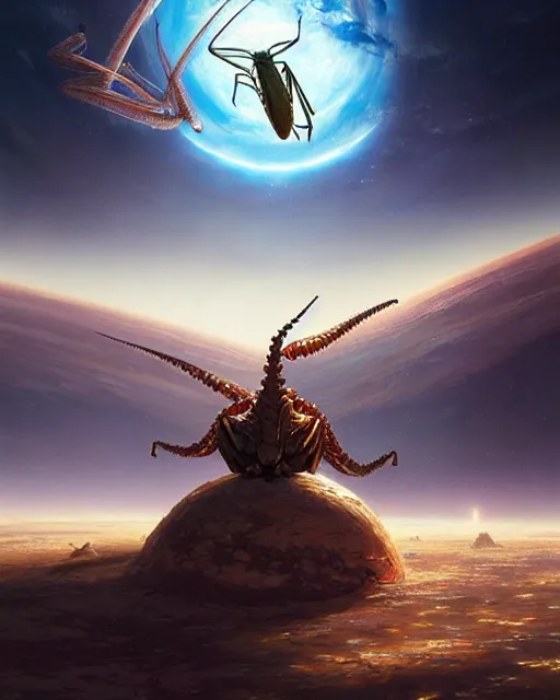 Prompt: a giant praying mantis in space eats planet, photo realistic, epic composition, epic light, high details by greg rutkowski and mark marc simonetti, game art, movie poster