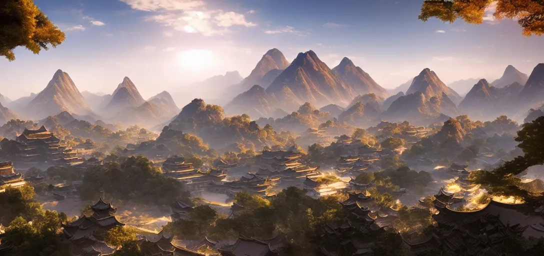 Image similar to epic view of beautiful ancient chinese city, clear blue skies, mountains and hills in the far background distance, unreal engine, dramatic lighting, detailed, ambient occlusion, global illumination, god rays, 3 d artstation render by greg rutowski and jessica rossier