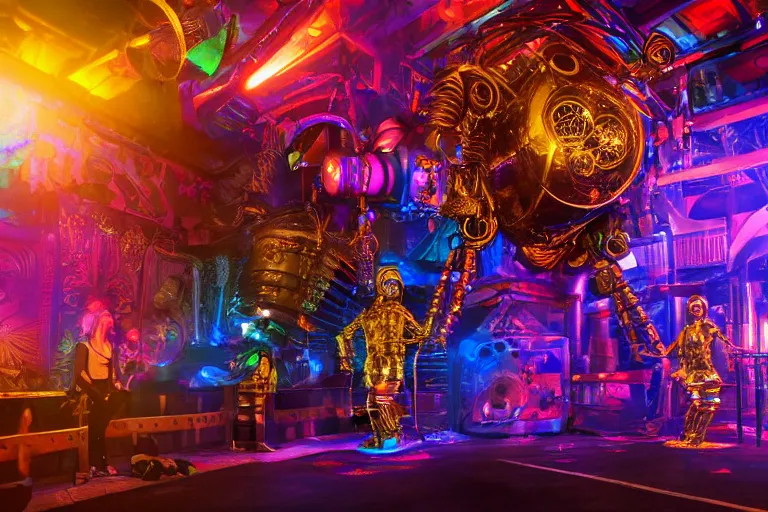 Prompt: scene is la troya party in amnesia in ibiza, portrait photo of a giant huge golden and blue metal steampunk robot, with futuristic gears and tubes, eyes are glowing red lightbulbs, shiny crisp finish, 3 d render, 8 k, insaneley detailed, fluorescent colors, haluzinogetic, background is multicolored lasershow