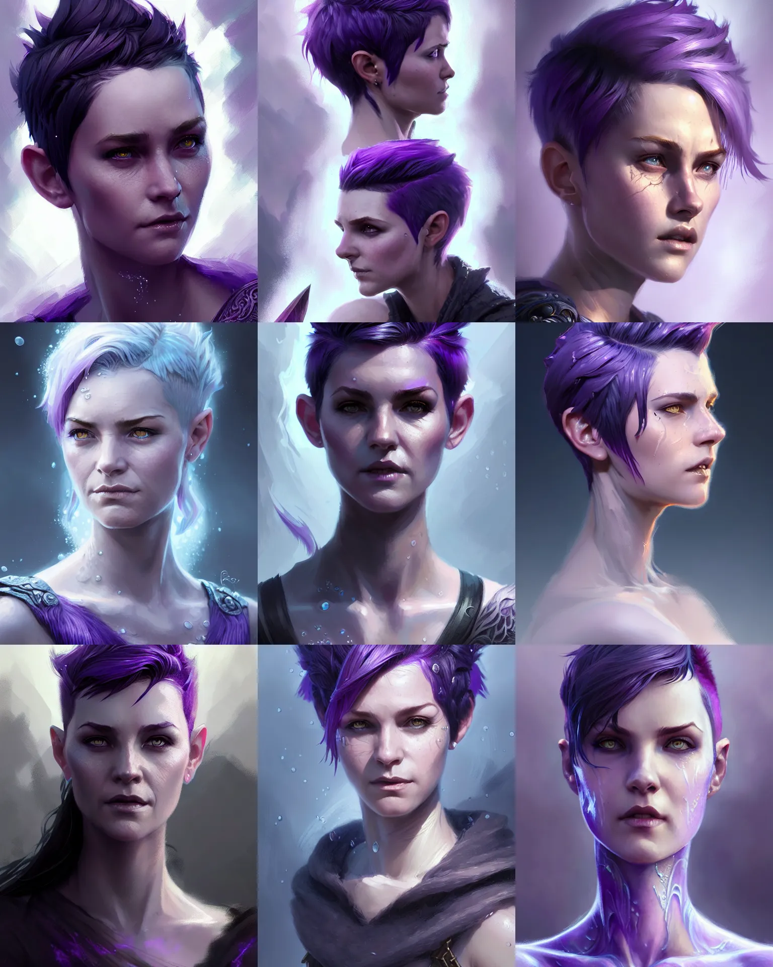 Prompt: Portrait of rugged adult female, D&D fantasy magic, pixie undercut hairstyle, black to purple fade hairstyle, water-ice magic, intricate, highly detailed, digital painting, artstation, concept art, sharp focus, illustration, art by greg rutkowski and ross draws