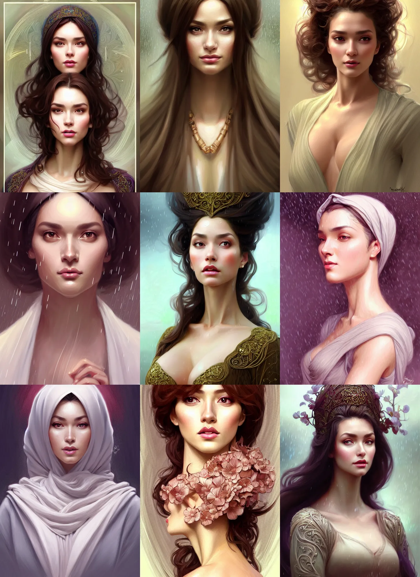 Image similar to character concept portrait of me as modest wife blessed by god to grow ever - more intelligent beautiful voluminous muscular tall healthy and alive. modestly clothed, in the rain, intricate, elegant, highly detailed, digital painting, artstation, concept art, symmetry, smooth, sharp focus, illustration, art by artgerm and rutkowski and mucha