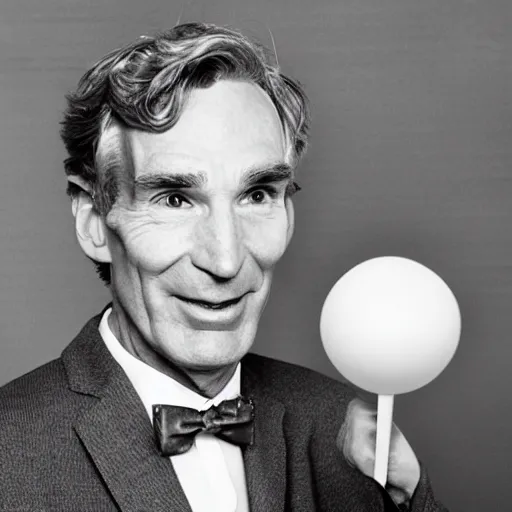 Prompt: bill nye holding a big lolipop