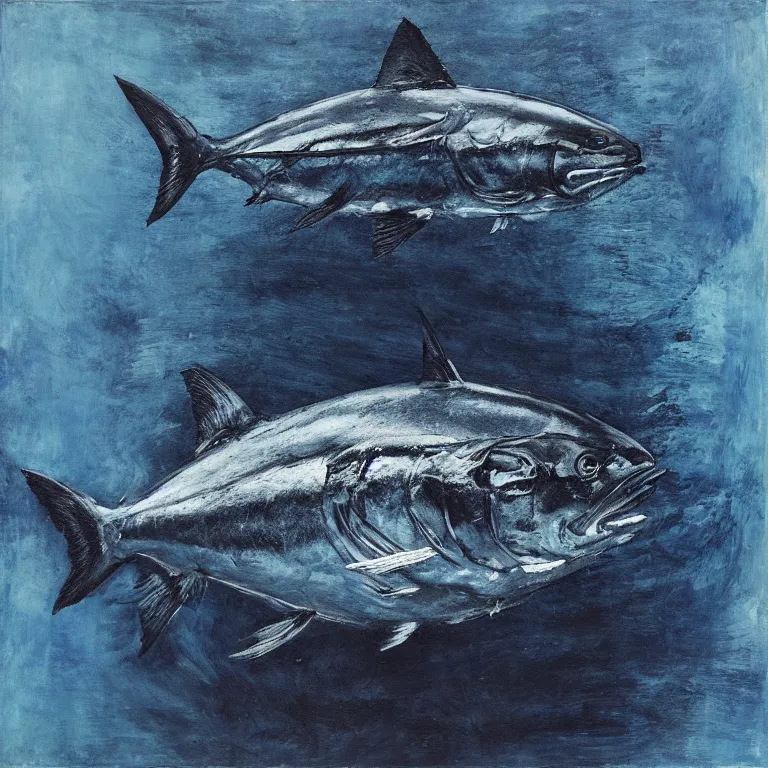 Prompt: Hyperrealistic Studio wet collodion Photograph portrait of a deep sea bluefin Tuna deep underwater in darkness, award-winning nature deep sea expressionistic impasto heavy brushstrokes oil painting by Cy Twombly and Tim Hawkinson vivid colors hyperrealism 8k