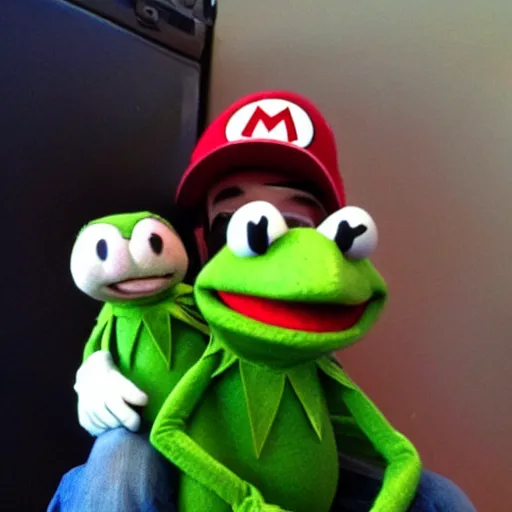 Prompt: mario and kermit the frog are buddie