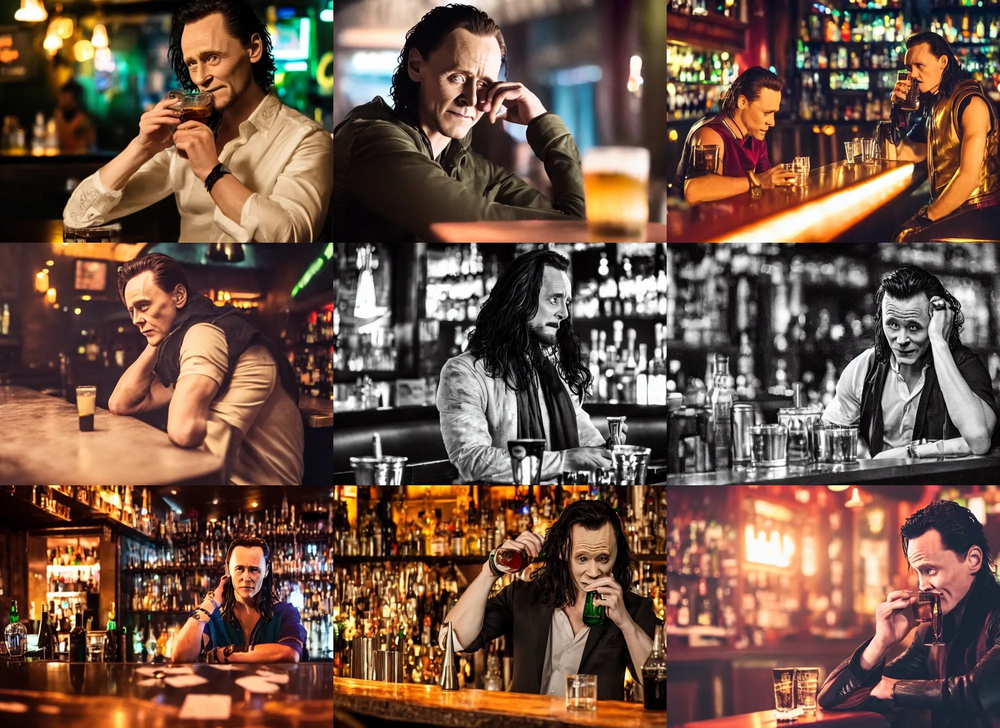 Prompt: loki drinking his sorrows away at a bar, depressed atmosphere, photography 4 k