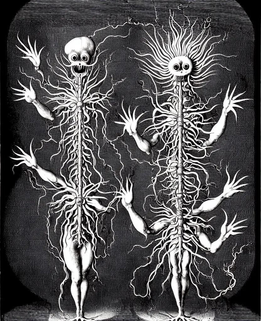 Image similar to fiery freaky creature sings a unique canto about'as above so below'being ignited by the spirit of haeckel and robert fludd, breakthrough is iminent, glory be to the magic within