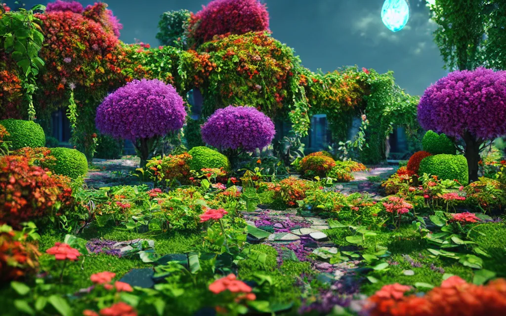 Image similar to a sprawling garden with many flowers and vines, sunny day, beautiful lighting, vivid colors!, highly detailed, cinematic, octane render, 4 k, trending on artstation, deviantart featured