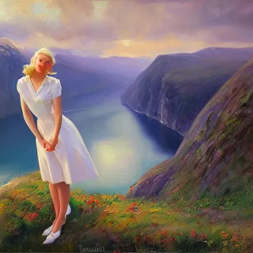 Image similar to beautiful 1950s blonde standing on top of Norwegian fjord, morning, atmospheric, dreamy, painting by Vladimir Volegov