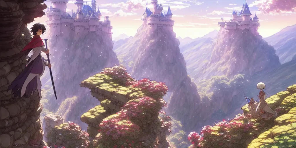 Image similar to the knight and the sword of rose petal, anime, castle core, mountains, rocky roads. by hayao miyazaki and rossdraws and artgerm and greg rutkowski and alphonse mucha and studio ghibli. high quality, stunning, intricate detailed environment. 8 k