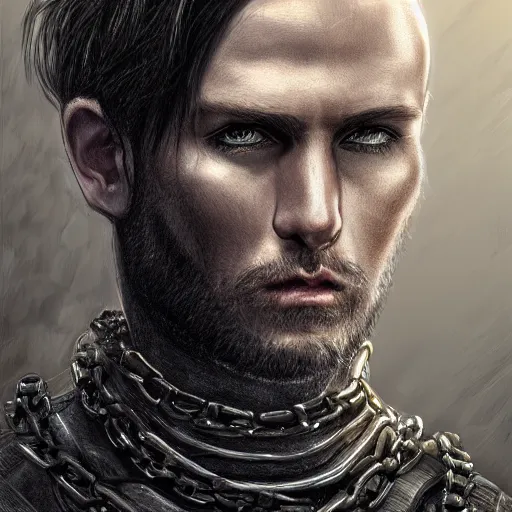 Image similar to realistic portrait, 30 year old man :: athletic, rough, angered :: short black hair, dark taint :: chain mail :: high detail, digital art, RPG, concept art, illustration