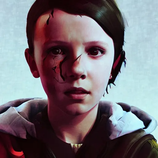 Image similar to Portrait of Millie Bobby Brown crying by Yoji Shinkawa, octane render