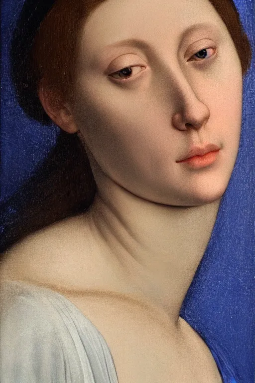 Image similar to hyper - realistic close - up portrait of a medieval female in the caravaggio style, pale skin, in a silver silk robe, blue palette