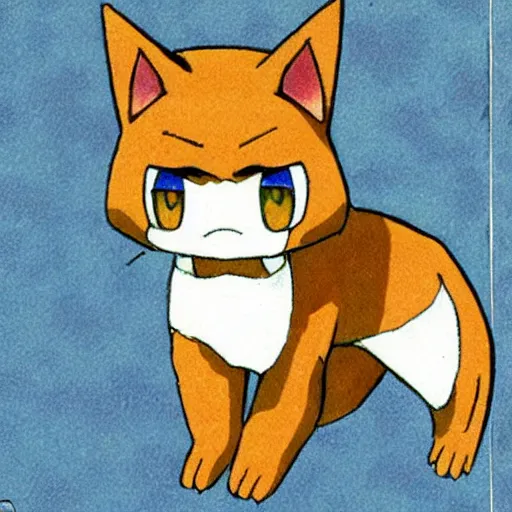 Image similar to an anime drawing of a tan cat with blue eyes and black feet, by ken sugimori in 1 9 9 8, for pokemon red and blue.