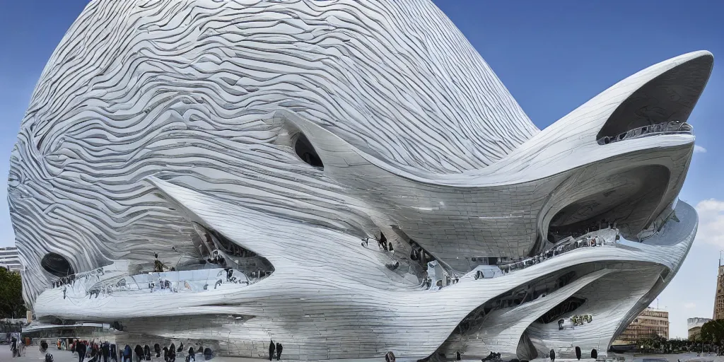 Image similar to extremely detailed ornate stunning beautiful elegant futuristic museum exterior by Zaha Hadid