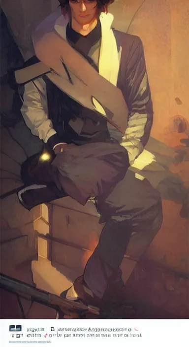 Prompt: Portrait of a cute stylish mage in his twenties with cat ears. Art by Greg Rutkowski and Alphonse Mucha