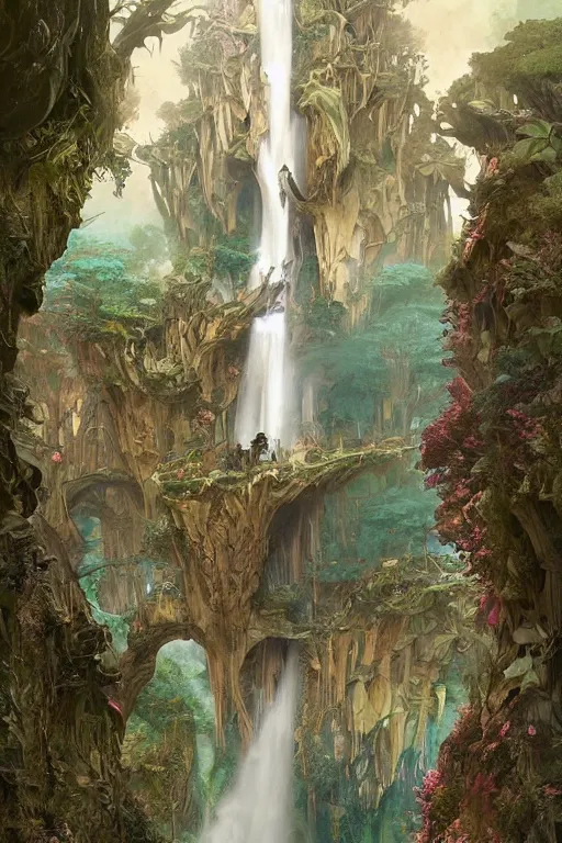 Image similar to a beautiful digital painting of an enormous fairy treehouse, crystal waterfall by greg rutkowski, gerald brom, marc simonetti, jean - baptiste monge, and alphonse mucha, symmetry, complementary colors, ink illustration, trending on artstation