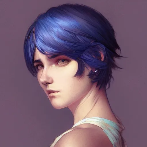 Image similar to teen, man, blue hair short hair, elegant, tired, intricate, artstation, digital painting, highly detailed, sharp focus, by artgerm and greg rutkowski and alphonse mucha