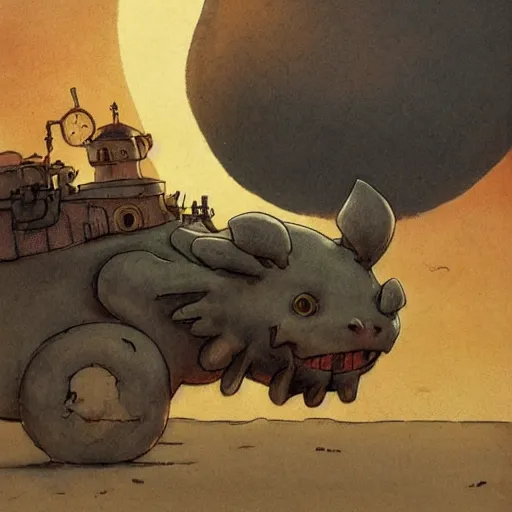 Image similar to ( ( ( ( ( grey lovecraftian mechanized pikachu demon from howl's moving castle ( 2 0 0 4 ), with a big head, on a desert road, wide shot, in front of a big moon. muted colors ) ) ) ) ) by jean - baptiste monge!!!