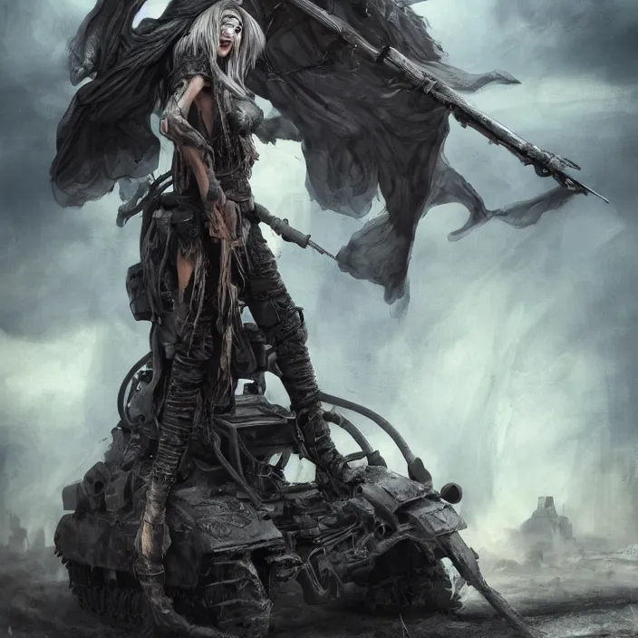 Image similar to beautiful apocalyptic woman in hooded cloak, standing on mad max panzer tank, hyper-detailed, smooth, sharp focus, 4k ultra hd, fantasy dark art, tank girl, artgerm, artstation, octane render, elegant, detailed digital painting, apocalyptic art