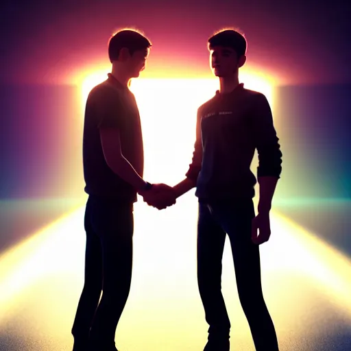 Image similar to two man giving a handshake and petting each other on the shoulder ultra realistic, lens flare, atmosphere, glow, detailed, intricate, full of colour, cinematic lighting, trending on artstation, 4 k, hyperrealistic, focused, extreme details, unreal engine 5, cinematic, masterpiece, ultra realistic, hyper realistic, highly detailed, sharp focus, digital art