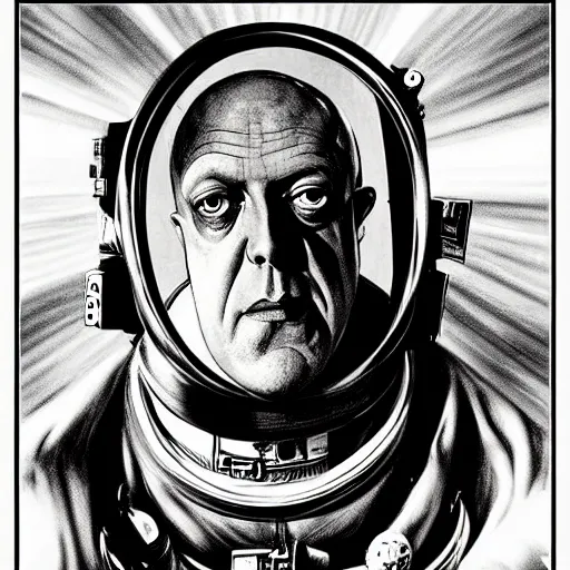 Image similar to graphic illustration, creative design, aleister crowley as an astronaut, biopunk, francis bacon, highly detailed, hunter s thompson, concept art