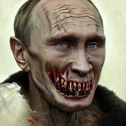 Prompt: a portrait of vladimir putin's, flesh eating worms, macabre, horror saw teeth, horror rotten teeth, peeling face skin, by donato giancola and greg rutkowski and wayne barlow and zdzisław beksinski, realistic face, visible face, digital art, artstation, symmetry