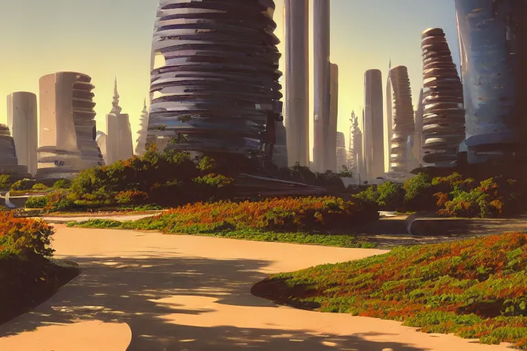 Prompt: natural landscape with futuristic buildings, painting by syd mead, highly detailed, soft lighting, 8 k resolution, oil on canvas, architectural magazine, beautiful detailed, insanely intricate details, artstation trending