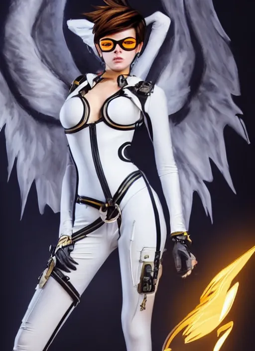 Prompt: full body artwork of tracer overwatch, wearing white latex and leather straps catsuit outfit, in style of mark arian, angel wings, dramatic painting, wearing detailed leather collar, chains, black harness, detailed face and eyes,