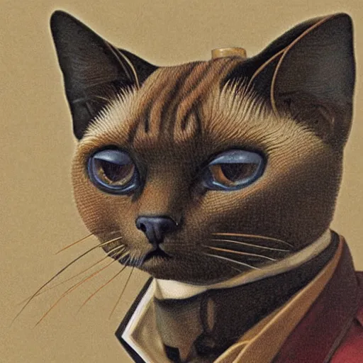Prompt: detailed portrait of a siamese cat in steampunk suit, by moebius