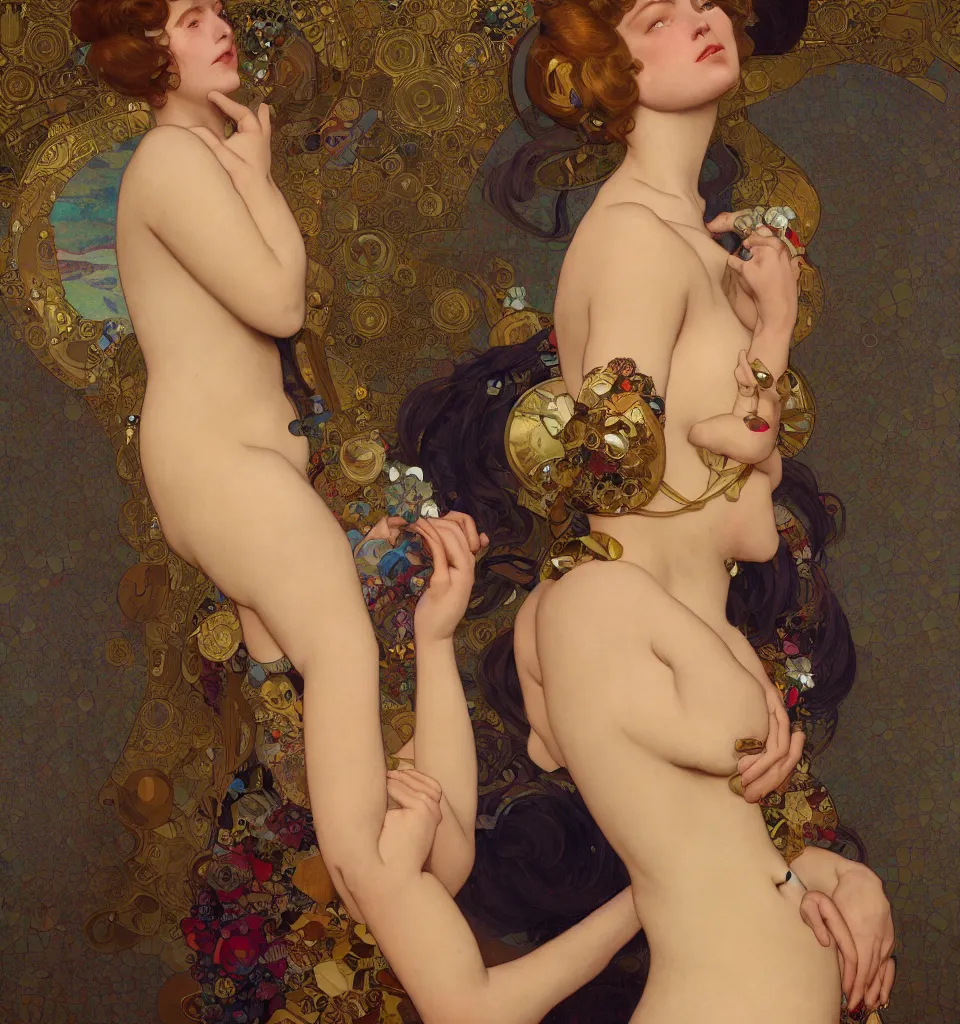 Image similar to modern woman | hyperrealistic | feminist | digital painting | trending on artstation | pinup portrait | clean | illustration | dressed | unreal engine 5 | 8 k resolution | by greg rutkowski alphonse mucha gustav klimt and mel ramos