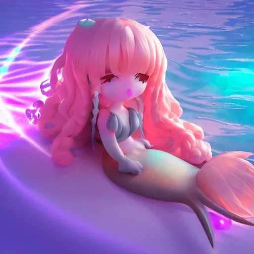 Image similar to cute fumo plush of a mermaid girl from deep below the sea, caustics and lens flare, refraction, vray, anime girl