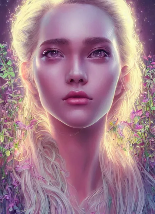 Image similar to beautiful, young woman, extremely detailed gorgeous face, looks realistic, hyper-detailed portrait, sad eyes tears, vaporwave aesthetic, synthwave, magical, fantasy, flowers, artist Artgerm i and WLOP