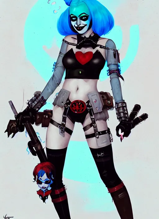 Prompt: portrait of cute goth harley quinn in cyber bikini armor, warhammer, cyberpunk, by atey ghailan, by greg rutkowski, by greg tocchini, by james gilleard, by joe fenton, by kaethe butcher, by gustav klimt, dynamic lighting, gradient light blue, brown, blonde cream and white color in scheme, grunge aesthetic