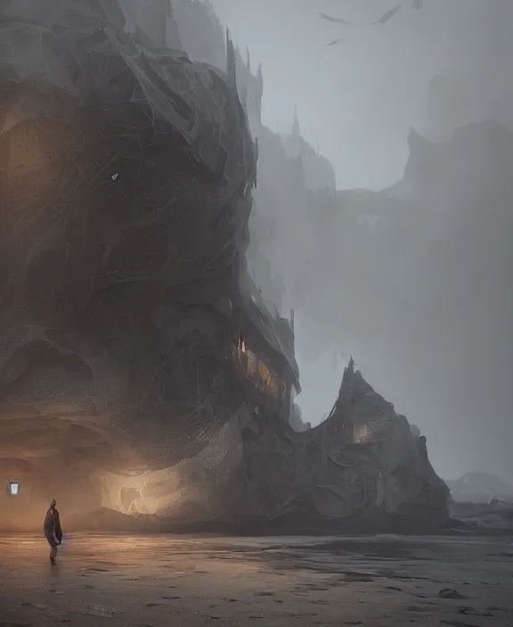 Image similar to surreal romantic prometheus horizontal white exploration base, ochre ancient palette, building architecture by ruan jia, futuristic, blame, white architecture in the beach in iceland, foggy, highly detailed, digital painting, arstation, concept art, hyperealistic octane render, unreal engine