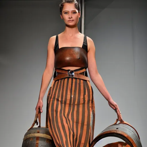 Image similar to runway model wearing a wooden barrel with straps, new york fashion week
