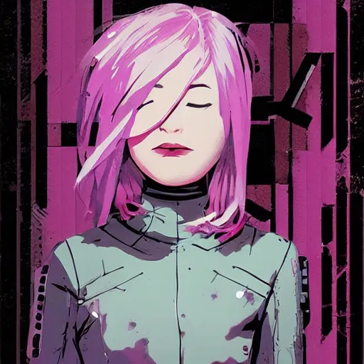 Image similar to Highly detailed portrait of a cyberpunk young lady with, freckles and cool hair by Atey Ghailan, by Loish, by Bryan Lee O'Malley, by Cliff Chiang, inspired by image comics, inspired by graphic novel cover art, inspired by nier!! Gradient purple, silver, black and white color scheme ((grafitti tag brick wall background)), trending on artstation