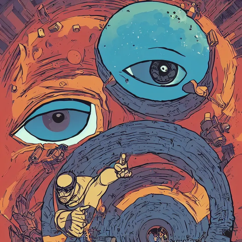 Prompt: giant evil eye charm, comic book cover art inspired by tim doyle and kurzgesagt