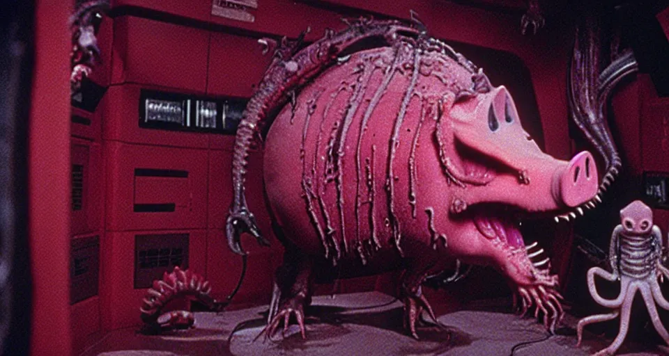 Image similar to peppa the pig infected by xenomorph from movie alien 1 9 7 9, staying at nostromo spaceship. extreme long shot, 4 k, cinestill, giger, hermann nitsch, dark colors