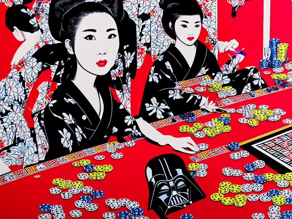 Image similar to hyperrealism composition of the detailed woman in a japanese kimono sitting at an extremely detailed poker table with darth vader, fireworks and folding screen on the background, pop - art style, jacky tsai style, andy warhol style, acrylic on canvas