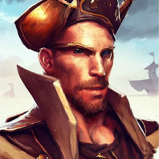 Image similar to handsome charming ginger rogue with large pointed ears, wearing a tricorne pirate captain hat, naval background, portrait, stunning award-winning art by Greg Rutkowski