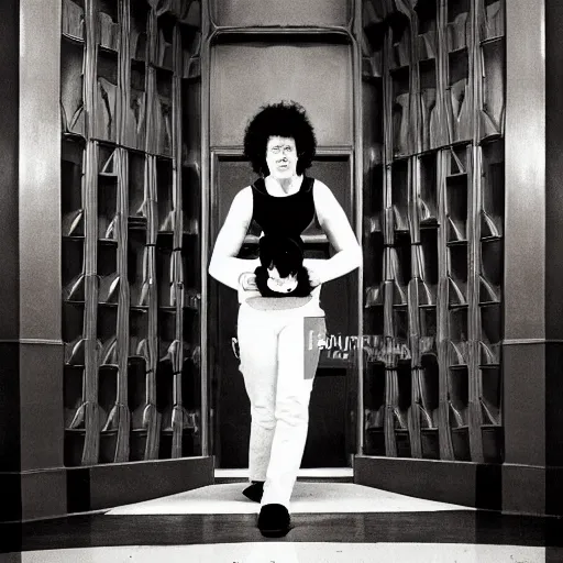 Prompt: detailed professional photographic portrait of Sigourney Weaver as ripley wearing a white singlet and her cat Jonesy moving apartment New York City 1983, gothic building entrance way Art Deco light style of H.R. Giger, cinematic feel, high octane