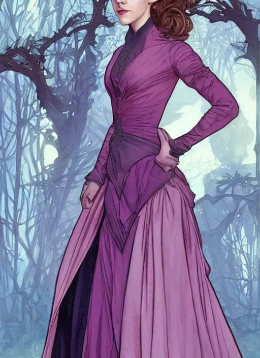 Prompt: emma watson at hogwarts!! at the yule ball wearing elegant pink and purple dress. beautiful detailed face. by artgerm and greg rutkowski and alphonse mucha