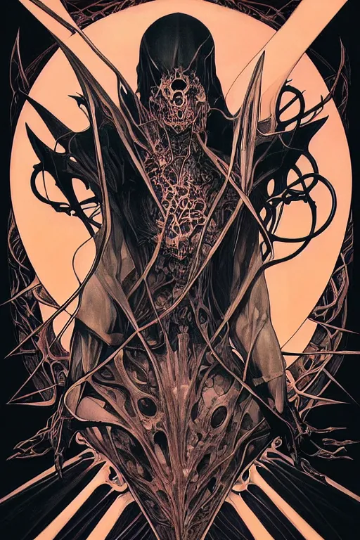 Image similar to artgerm, joshua middleton, mucha, beksinski, flourescent, heavy metal comic cover art, psychedelic triangular skeletal calcification fungus lich, full body, hollow eyes, symmetrical face, long black crown, in a dungeon background, moody dark colors