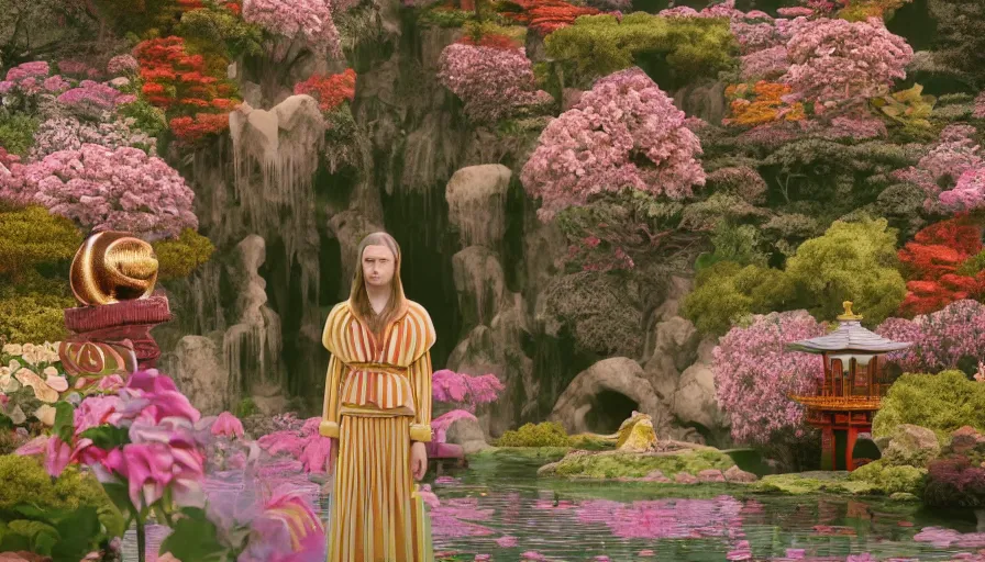 Image similar to , movie still by wes anderson of a beautiful girl wearing gucci exploring a magical japanese garden of flowers, glowing temple in the distance, floating deity heads, magic details, cinestill 8 0 0 t eastmancolor technicolor, high quality, very detailed, heavy grain, fine facial features, 8 k, octane render